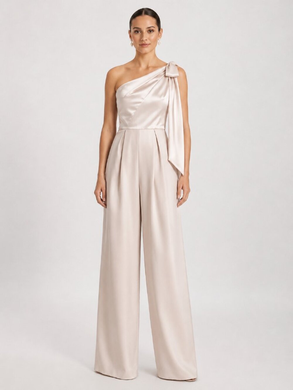 NWT Amsale Champagne Satin Fluid One Shoulder Bow Tie Wide Leg Jumpsuit